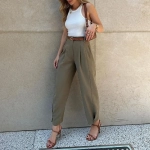 Lady Fashion Solid Straight Ankle-Length Pants Women Commute Office Button Long Pants 2024 New Pocket Design Pleated Suit Pants